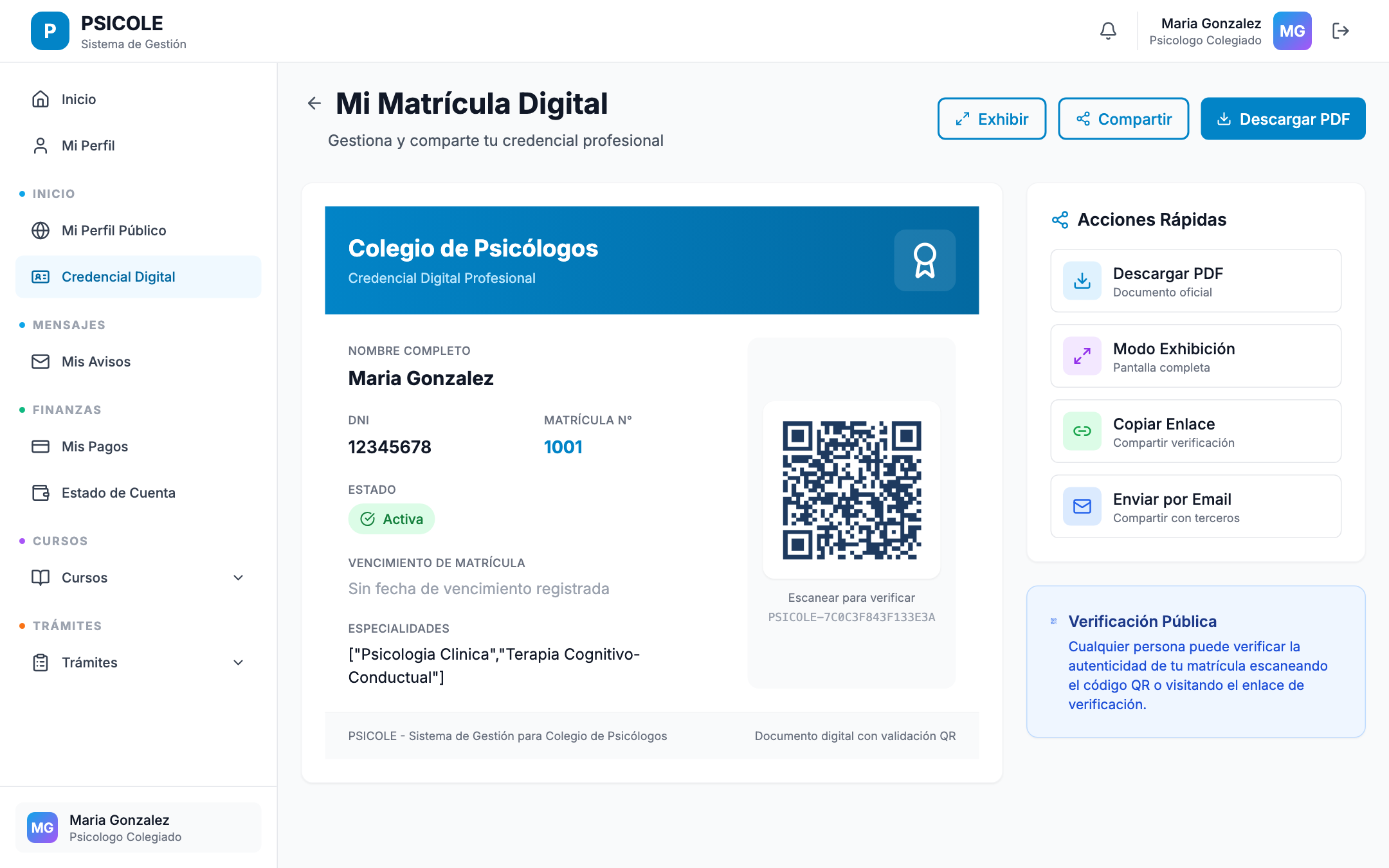 Credencial digital con foto, datos y código QR visible