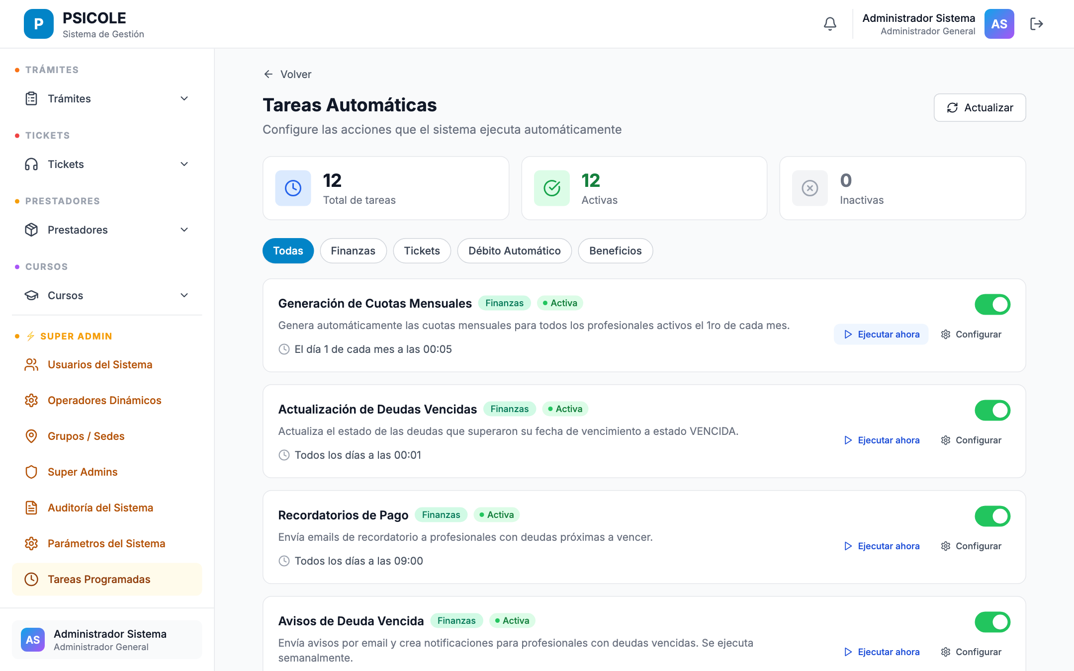 Panel de ejecución manual de tareas programadas