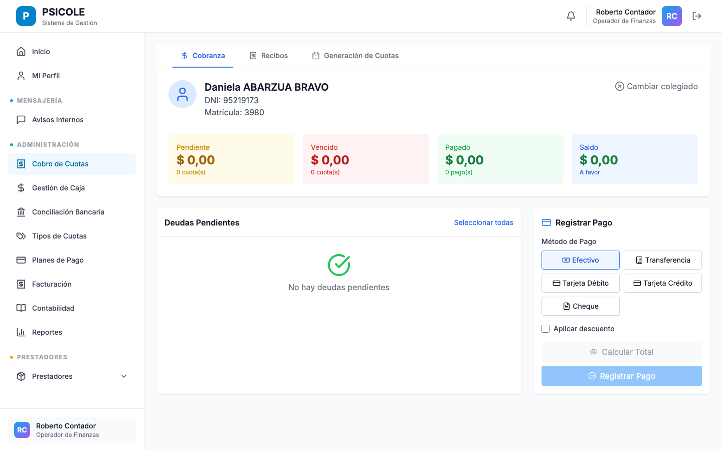 Cuenta corriente con columnas de fecha, concepto, débito, crédito y saldo