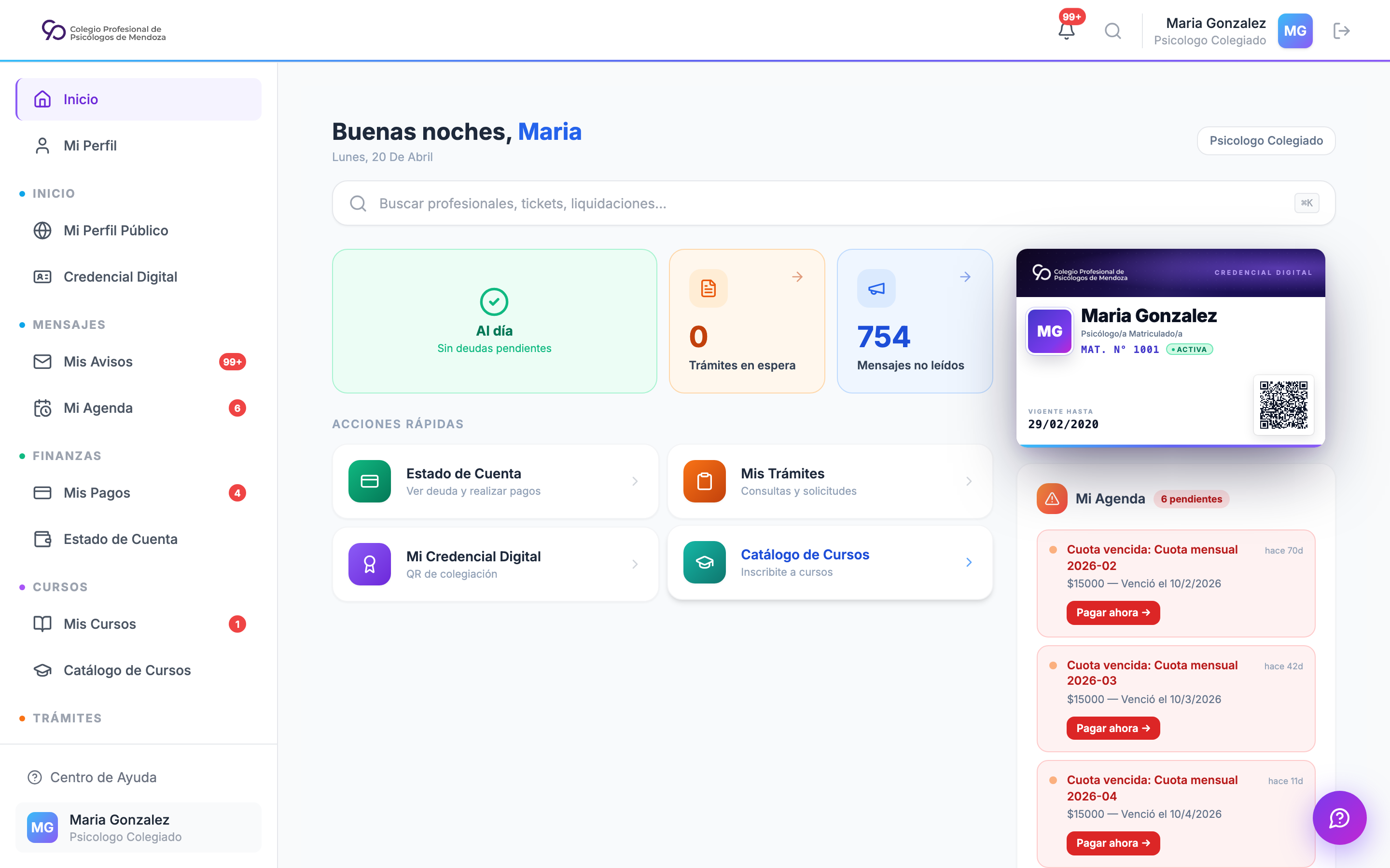 Dashboard del colegiado con KPIs, miniatura de credencial digital y agenda de próximos vencimientos