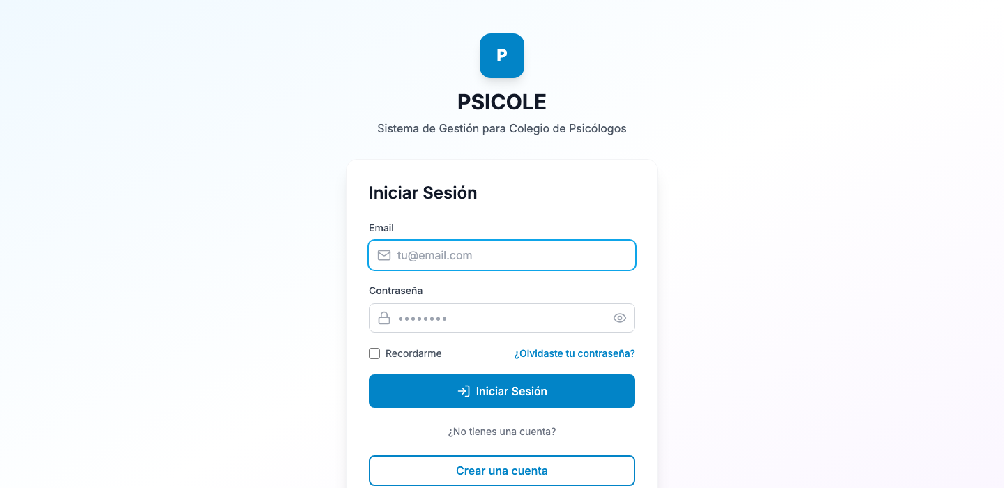 Pantalla de inicio de sesión en PSICOLE