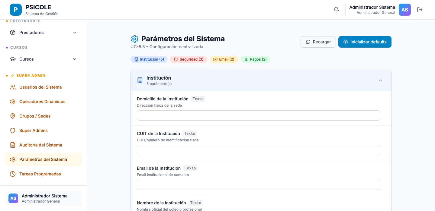 Configuración de parámetros del sistema