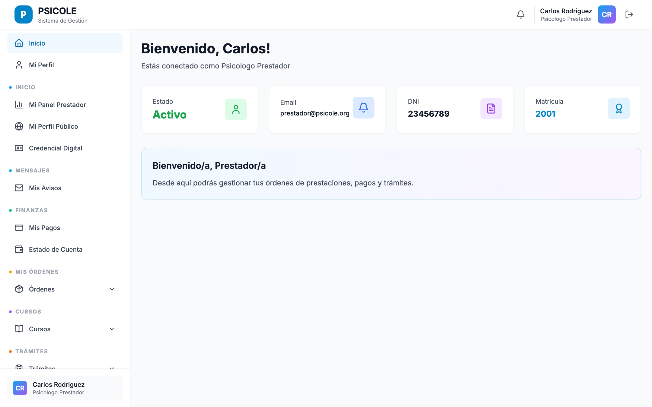 Portal del prestador con lista de órdenes y opción de descarga