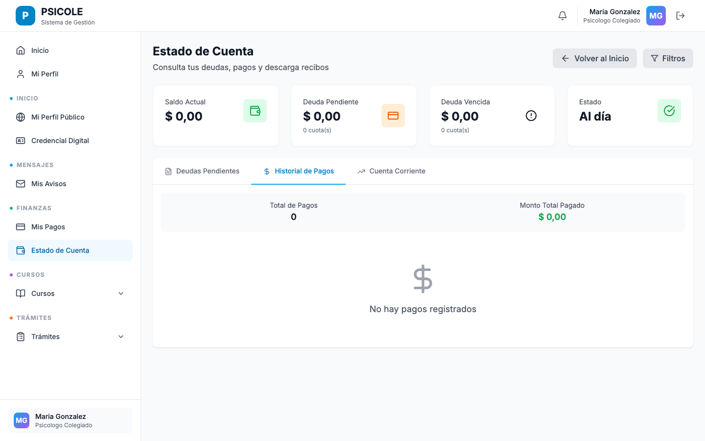 Historial de recibos con número, fecha, monto y botón de descarga