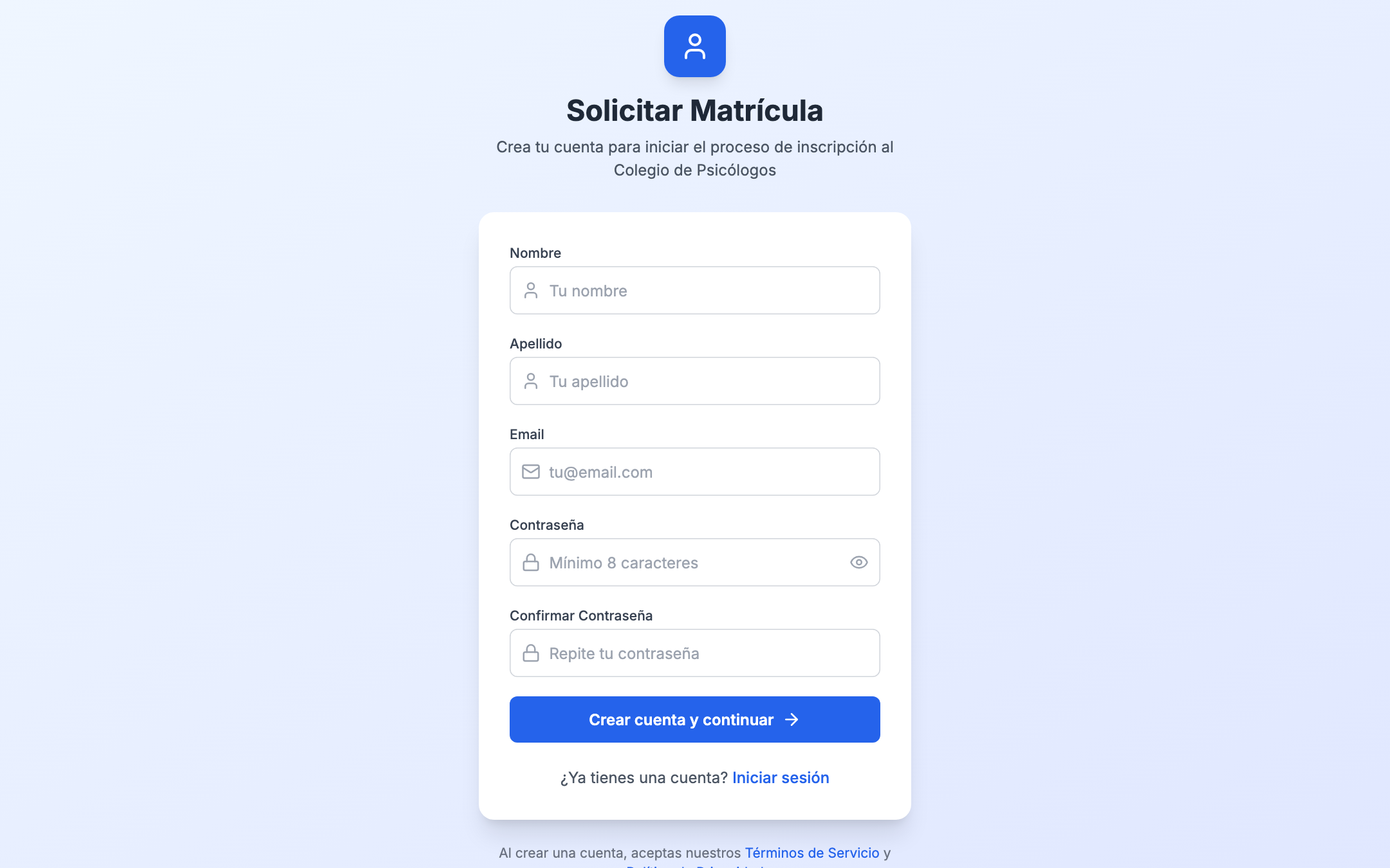 Pantalla de registro con campos nombre, apellido, email y contraseña